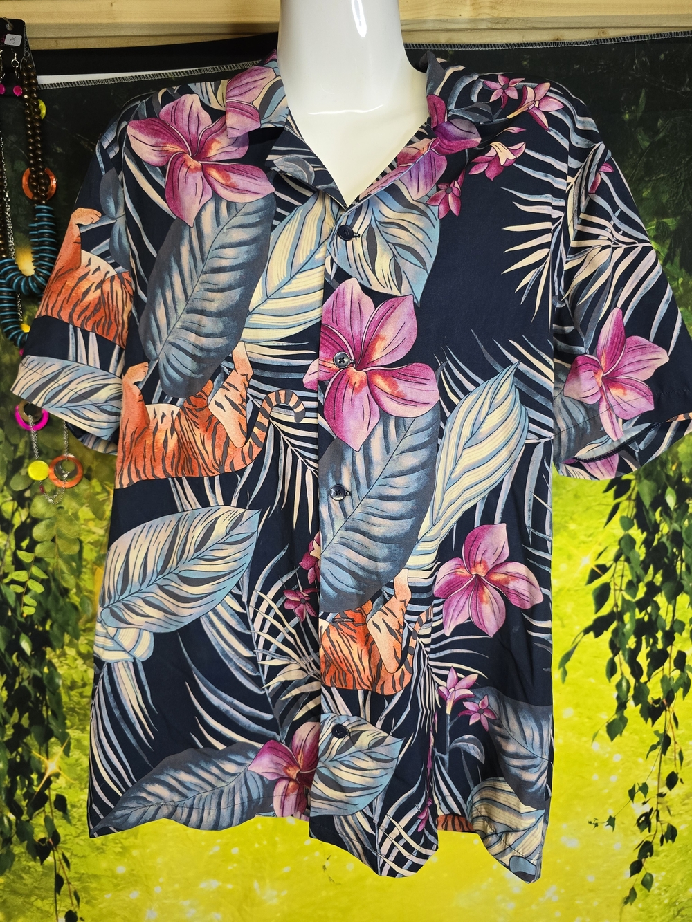 #111 Men's Open Edit Navy Tropical Floral Short-Sleeve Button-Down Shirt